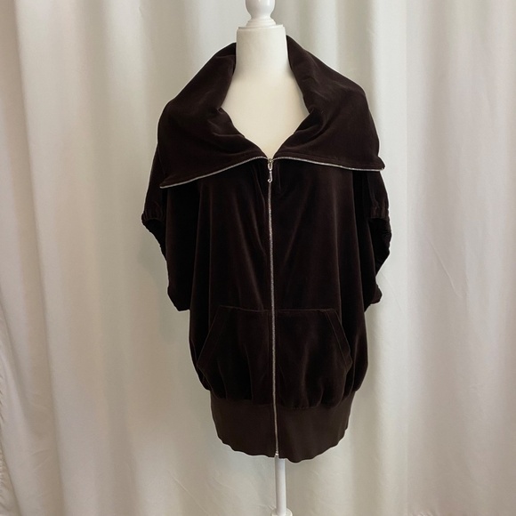 Juicy Couture Short Sleeve Velour Jacket Vest Zip Dolman Cowl Neck Brown Y2K XL - Picture 3 of 9